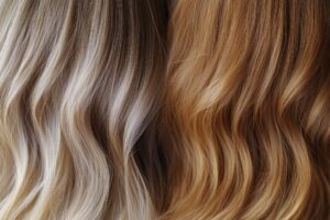 A close up shot of two different colored hairs, ideal for use in beauty or fashion advertising